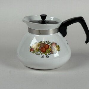 Vintage Corning Ware 6-Cup P-104 White Floral Enamel Coffee/Tea Pot With Lid & B